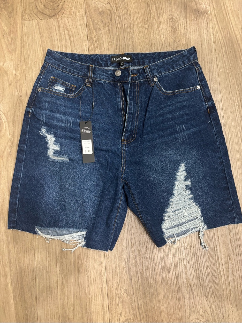 Fashion Nova Women’s Dark Blue Distressed Denim Shorts Size 13